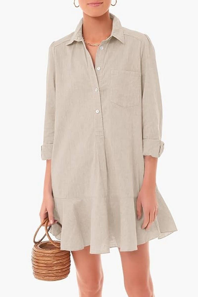 CWDSD8254_LONG SLEEVE SHIRT HEM RUFFLE DRESS