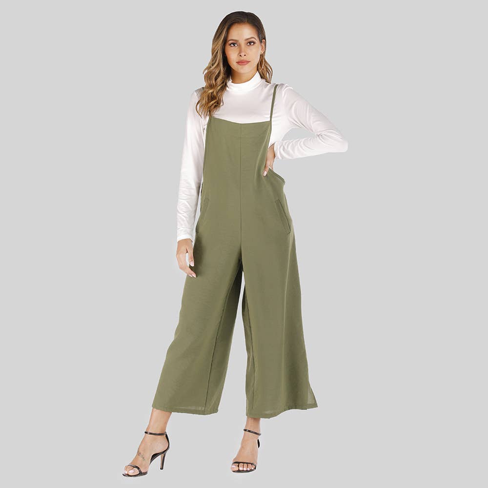 Solid-color straight-leg overalls jumpsuit