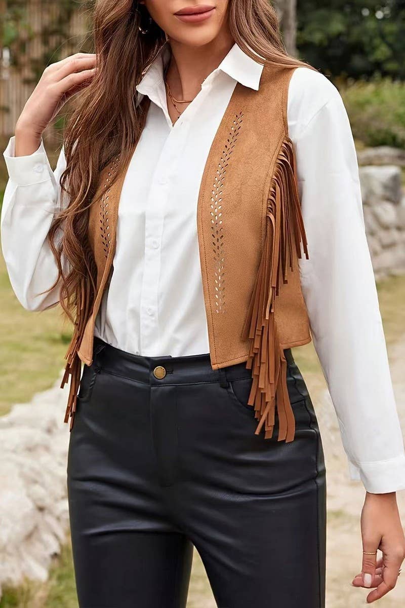 CWOCASL0056_SUMMER RETRO SHORT TASSEL SLEEVELESS VEST