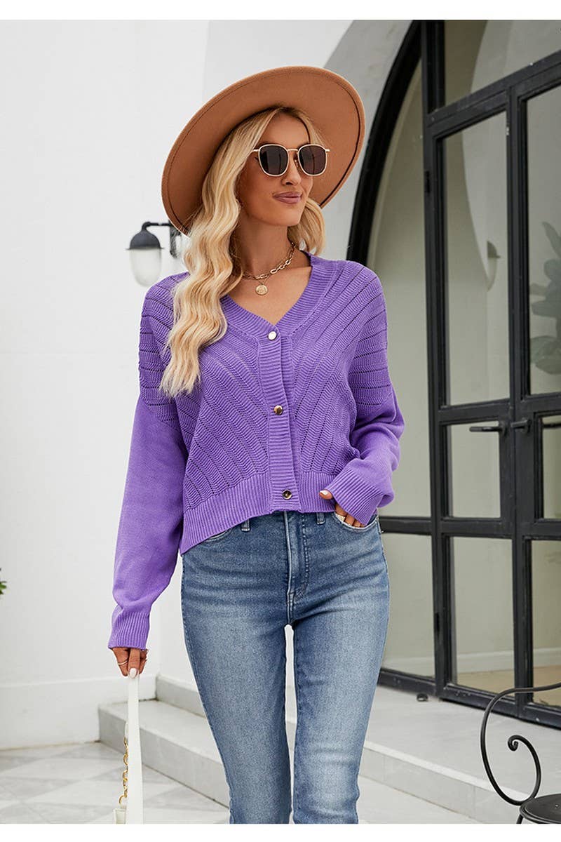 CWOCAL0783_CROPPED V-NECK HOLLOW KNIT CARDIGAN
