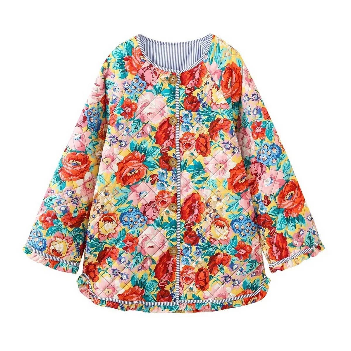 FLORAL PRINT CREW NECK PUFF SLEEVE QUILTED JACKETS