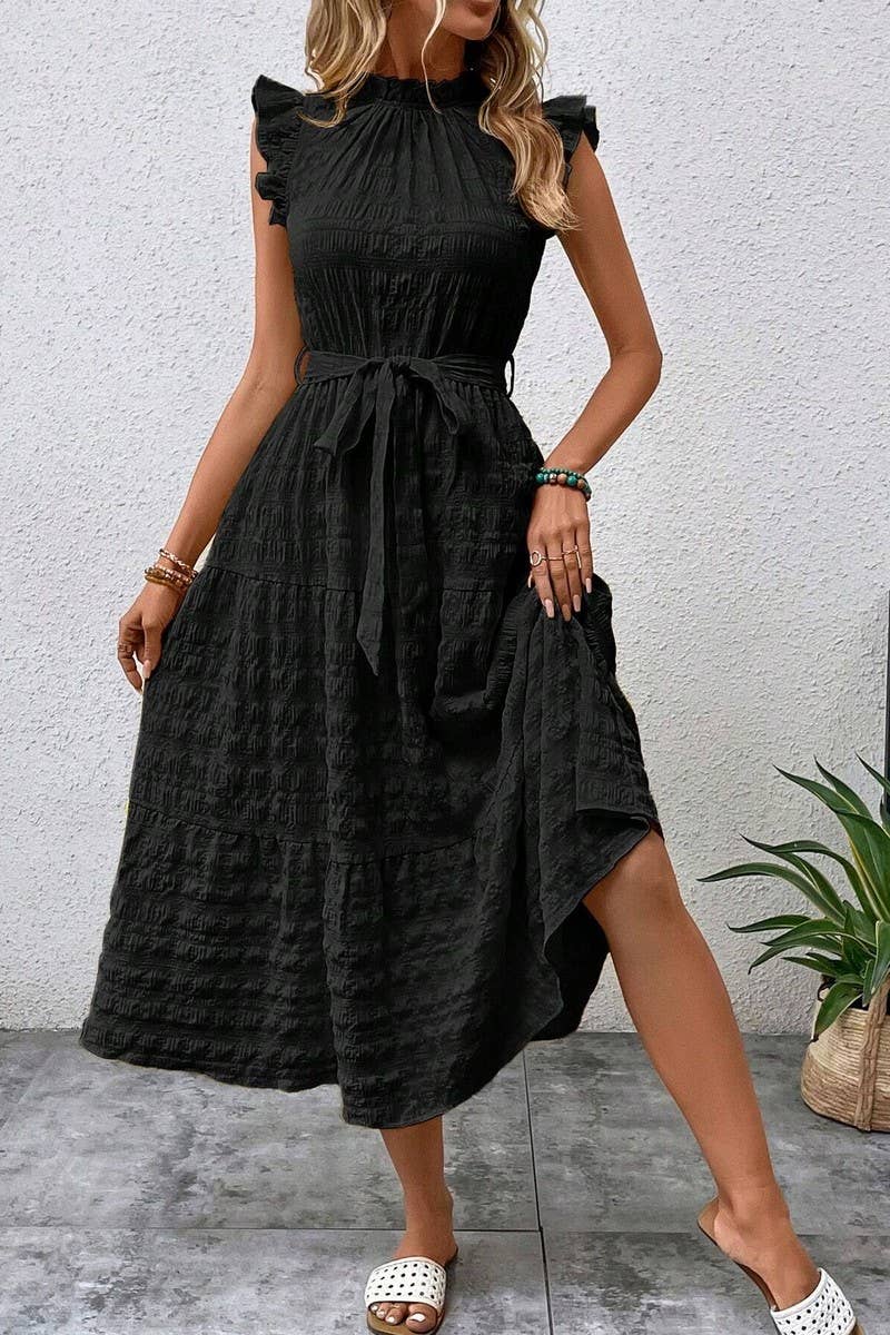CWDMD4952_SUMMER RUFFLED FLYING SLEEVES TEXTURED DRESS