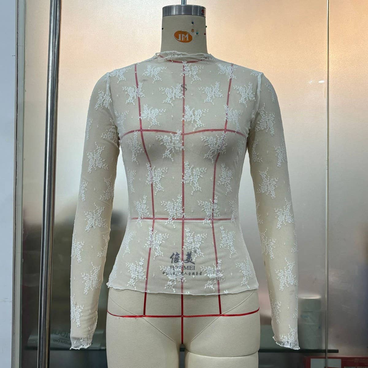 SEMI SHEER MESH LACE TOP BOTTOMING SHIRT