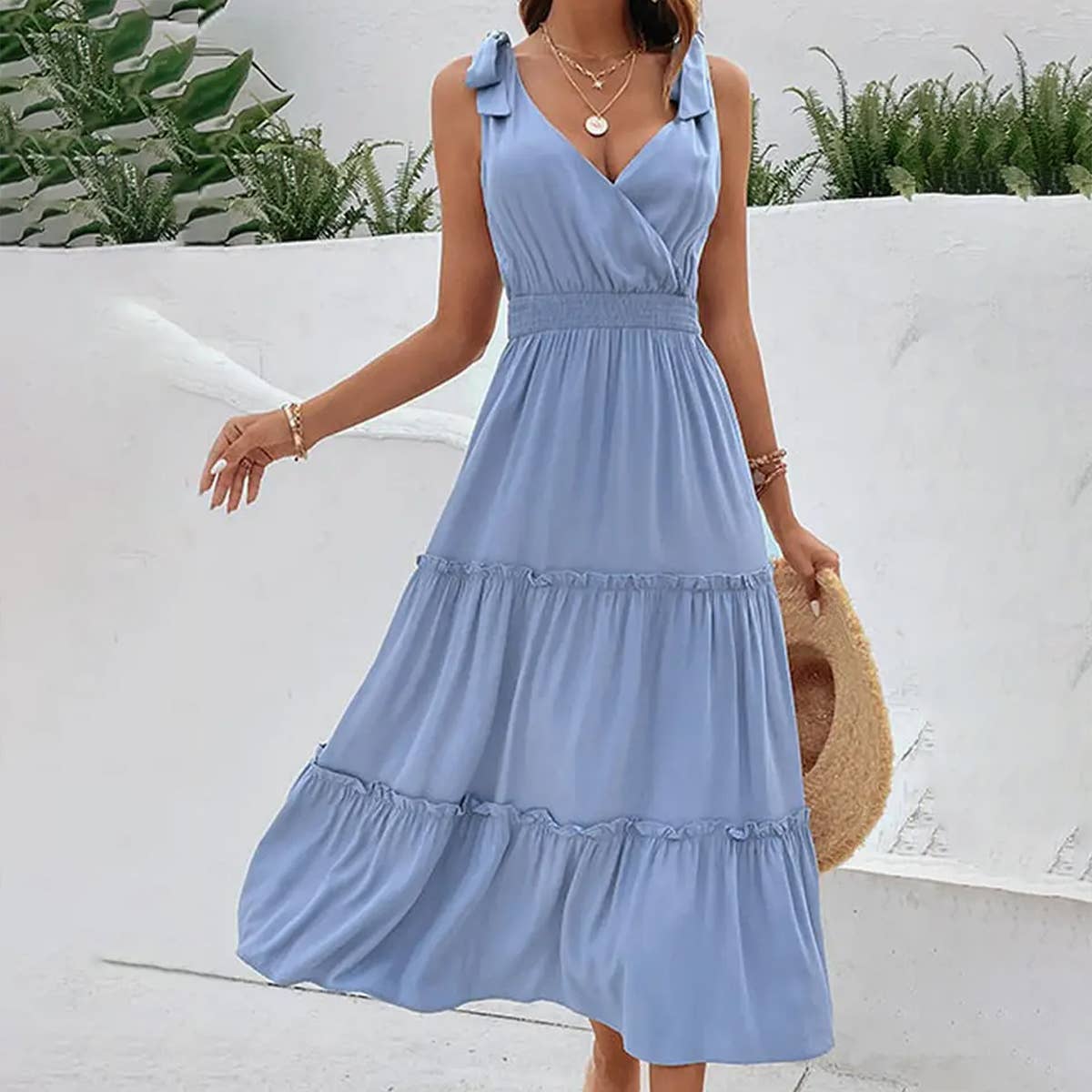 SOLID COLOR HALTER HIGH WAIST DRESS_CWDSD2680