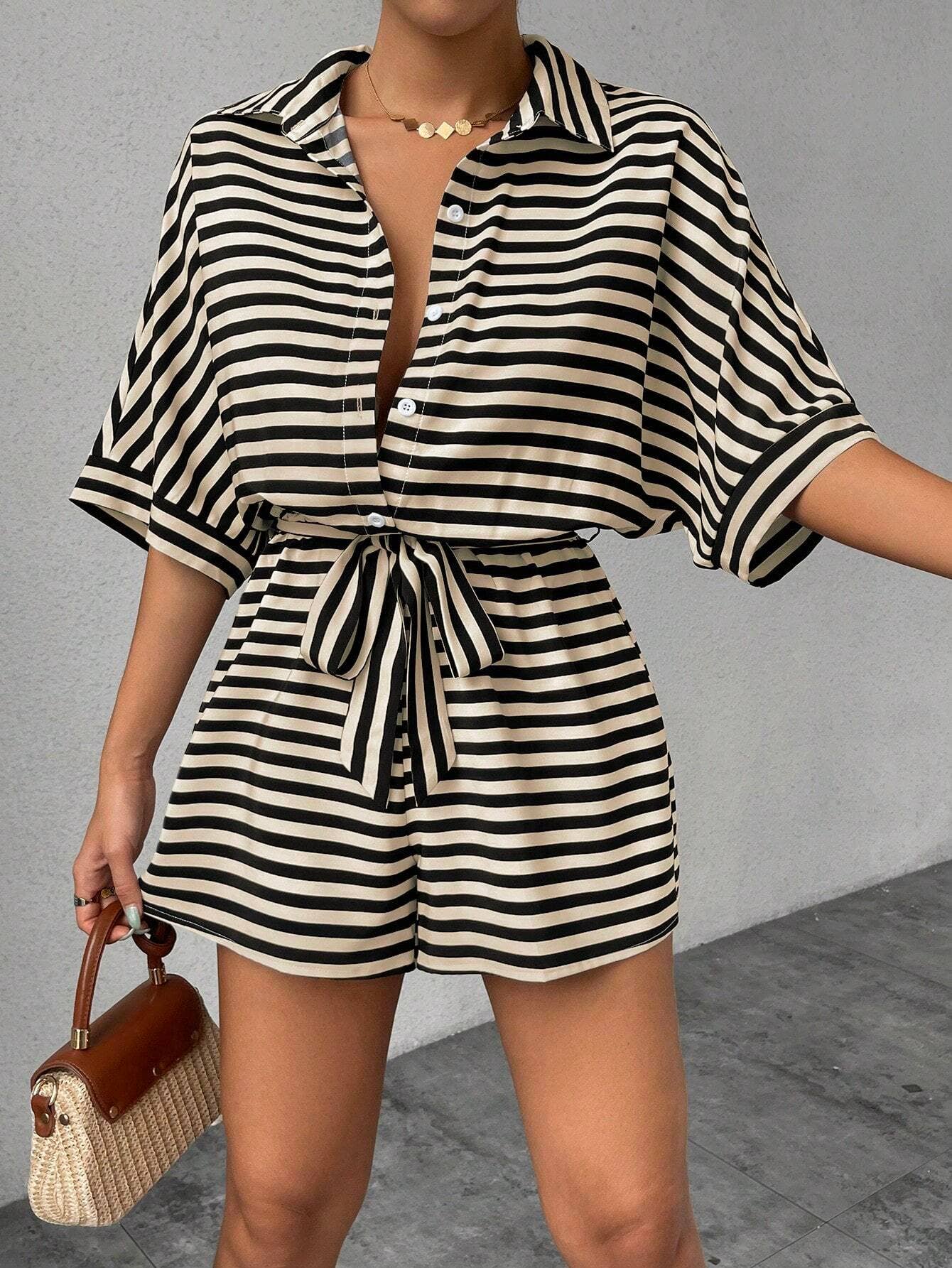 Women¡¯s striped buttoned cardigan romper
