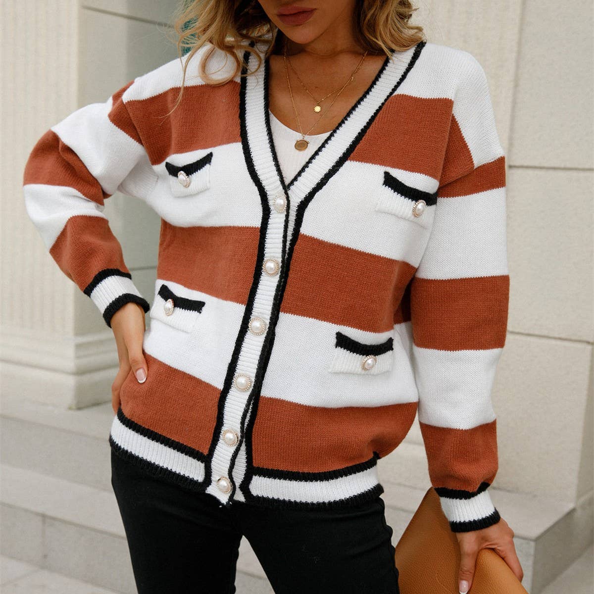 V-neck patchwork loose knit cardigan