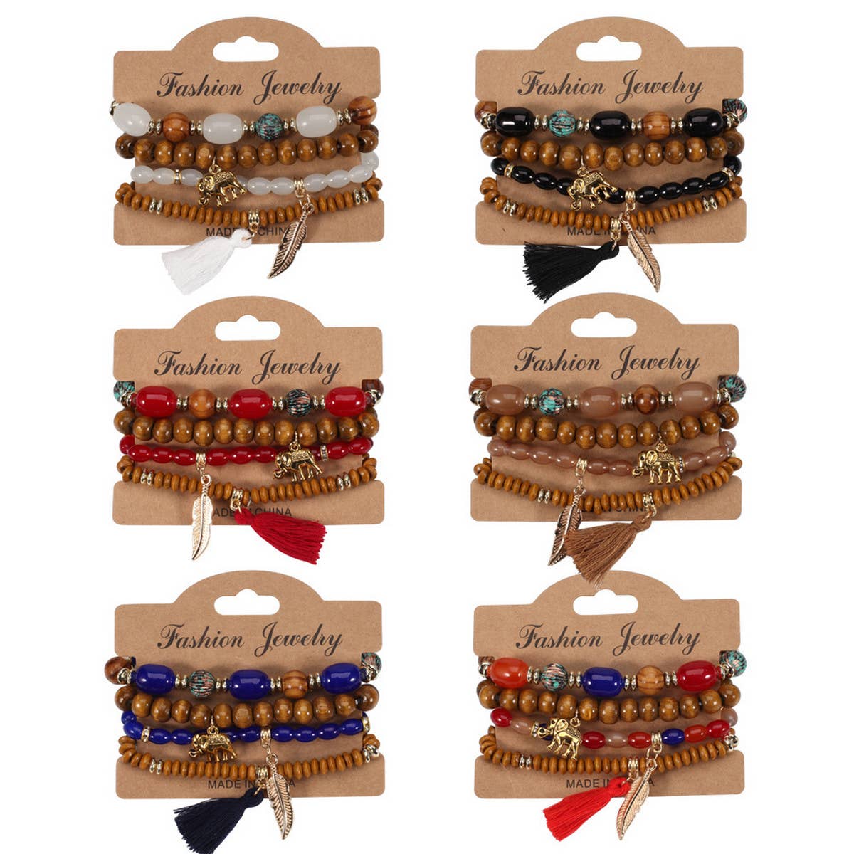 LEAF ELEPHANT TASSEL PENDANT WOODEN BEAD BRACELET_CWAJE2221