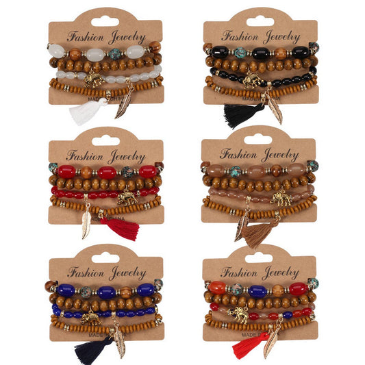 LEAF ELEPHANT TASSEL PENDANT WOODEN BEAD BRACELET_CWAJE2221