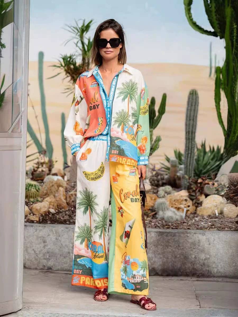 Fashionable printed macaron long sleeve shirt set