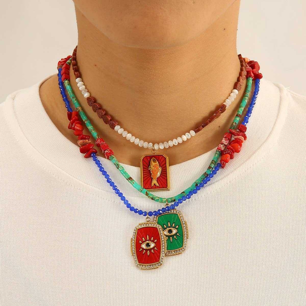 Evil Eye Natural Stone Beaded Handmade Necklace_CWMM8871