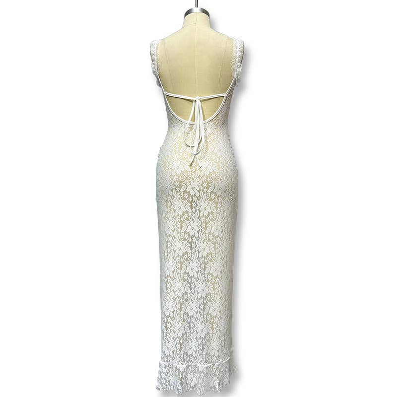 Lace semi-transparent halter one-shoulder dress