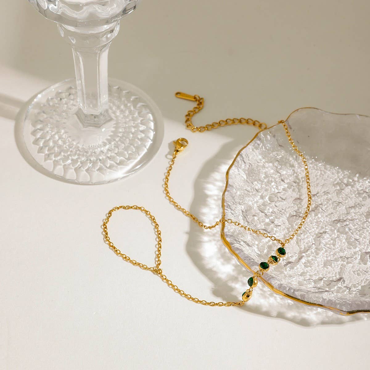 Luxury Green Zircon Finger Chain, 18K Gold Steel