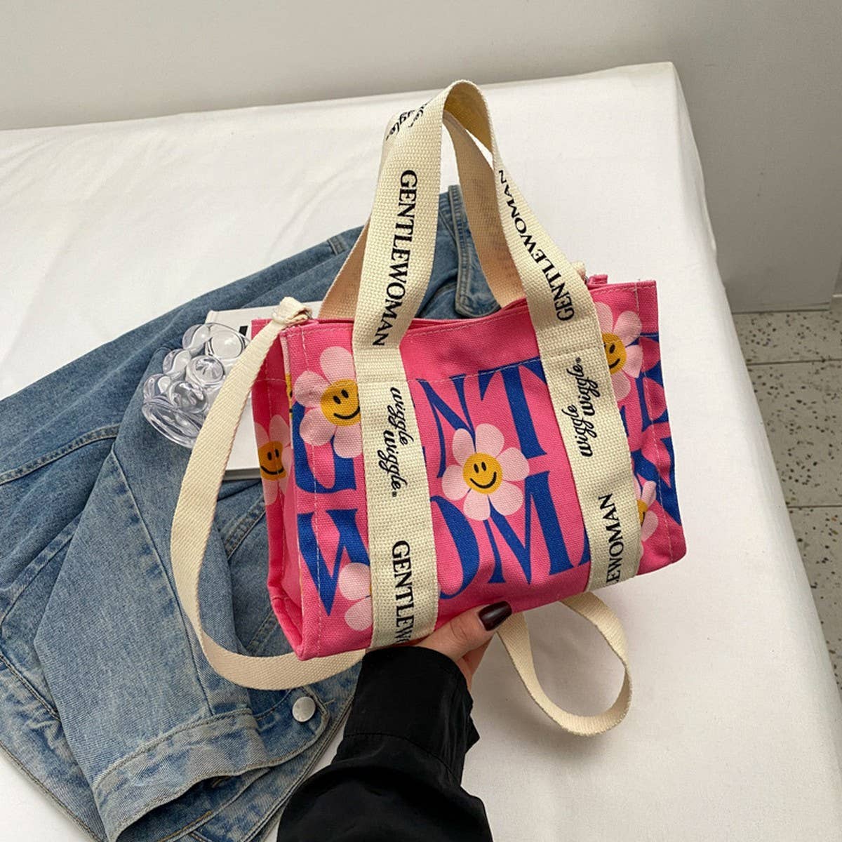 CUTE BEAR COLORFUL LETTER PRINT CANVAS BAG_CWAB2684