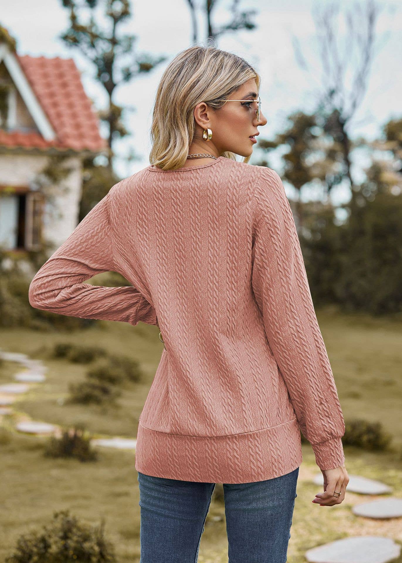 SQUARE NECK CROSS LONG SLEEVE LOOSE T-SHIRT