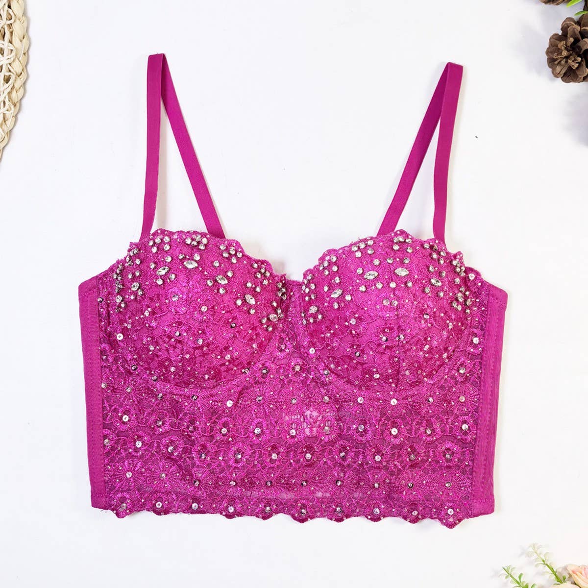 LACE SUSPENDER DIAMOND BEADED HERRINGBONE BRA