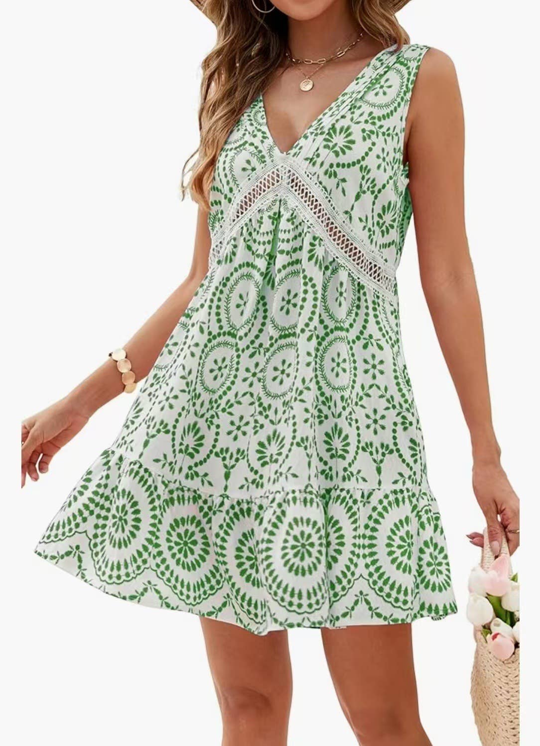 Elegant printed lace V-neck sleeveless dress