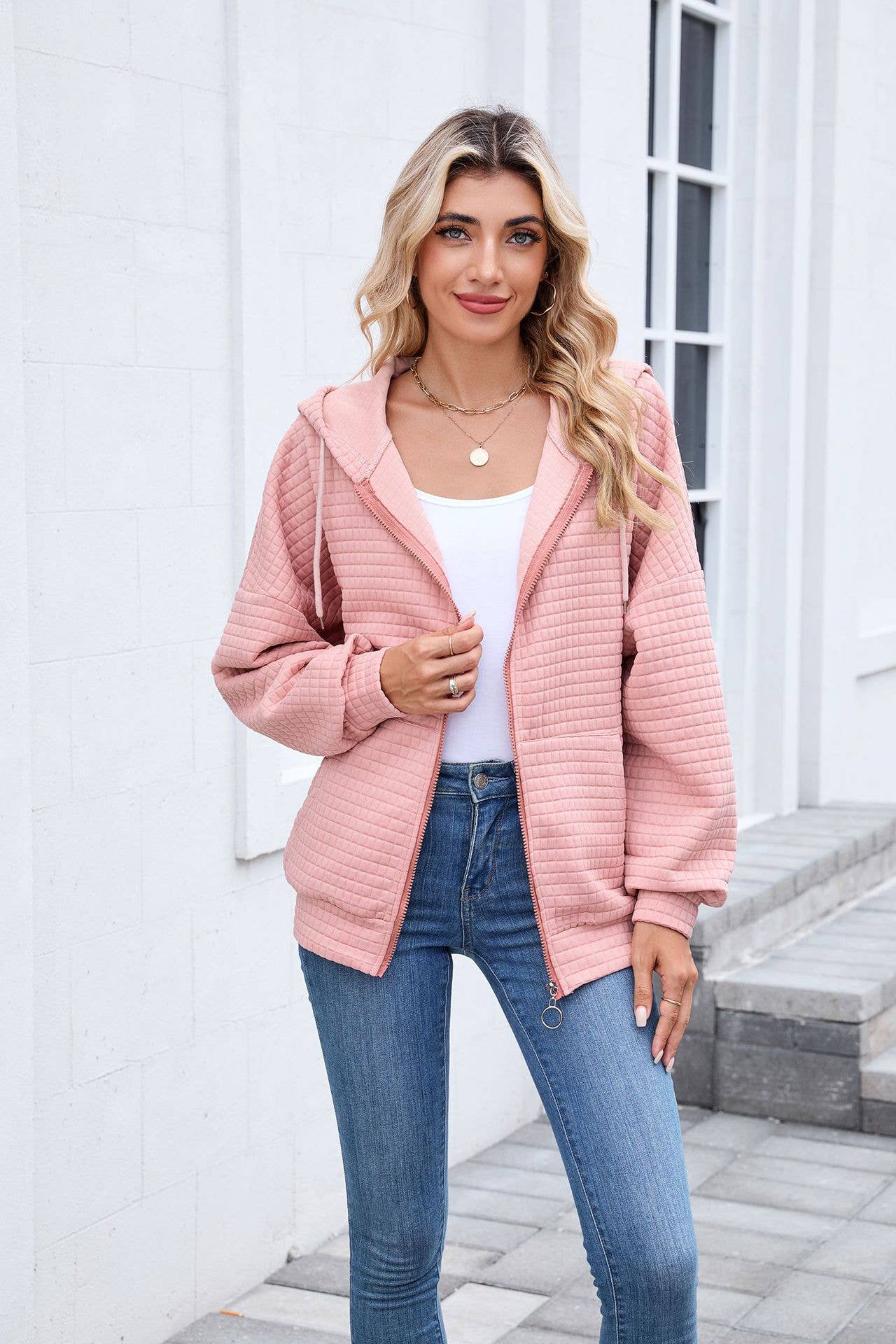 Solid-color zipper long-sleeved hooded coat