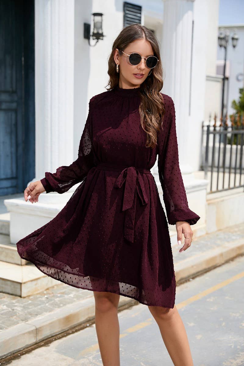 CWDSD5810_MID-NECK LONG-SLEEVED CHIFFON POMPOM BELT DRESS