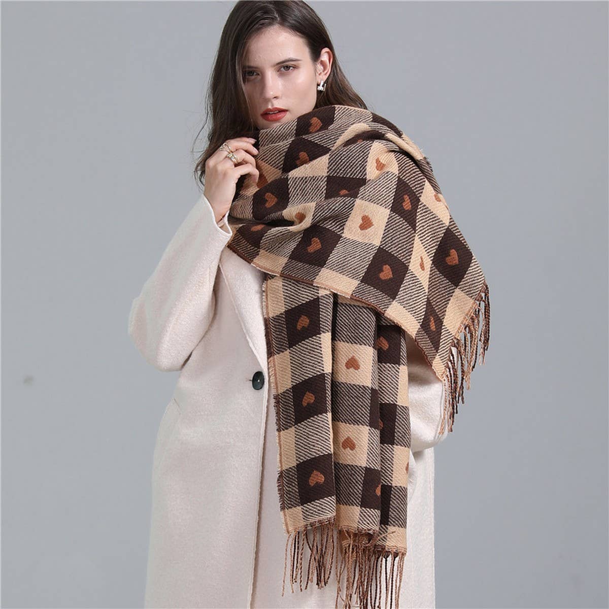 Plaid Scarf - Heart Colorblock Tassel Winter Shawl_CWASC0980