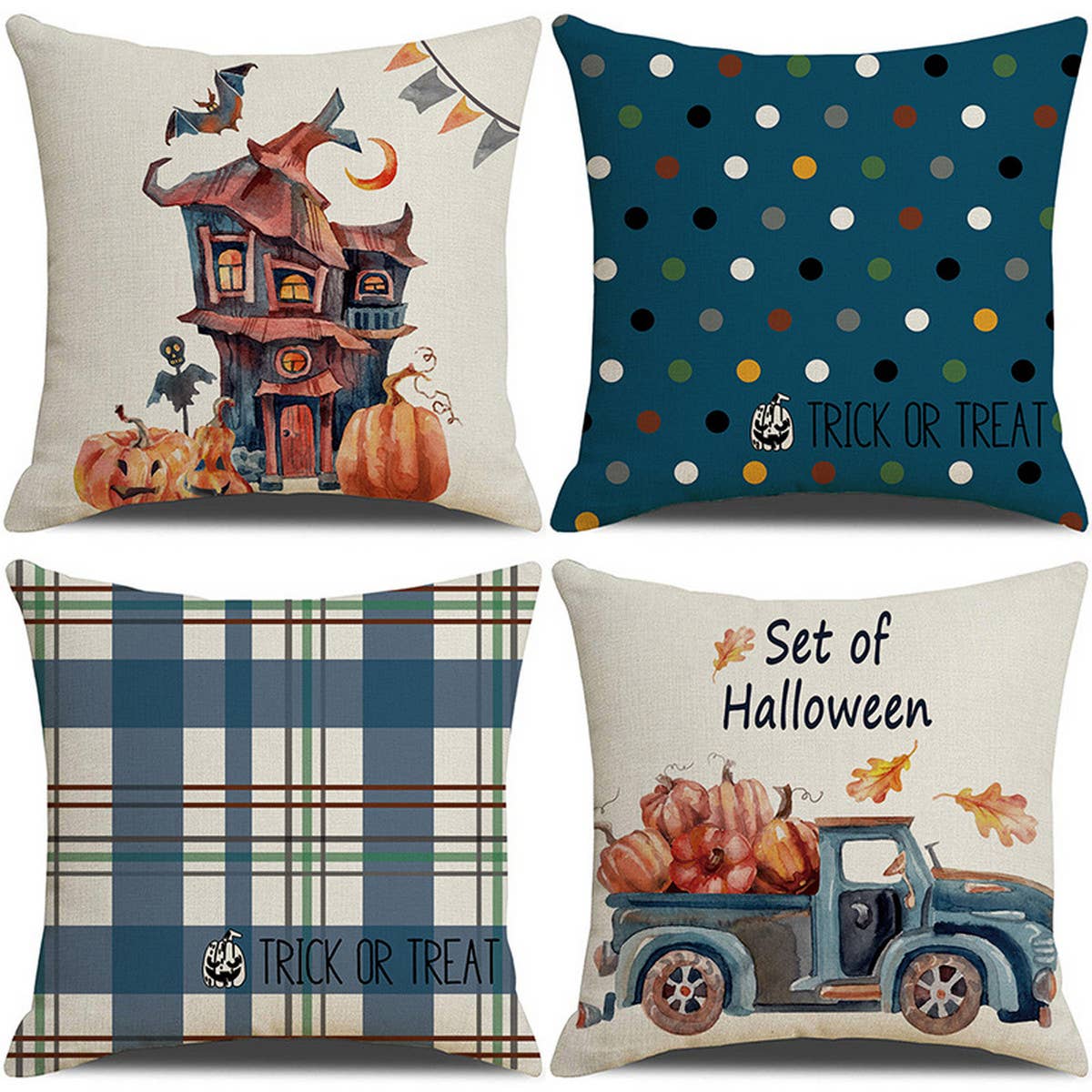HALLOWEEN DARK BLUE PLAID PUMPKIN PILLOWCASE