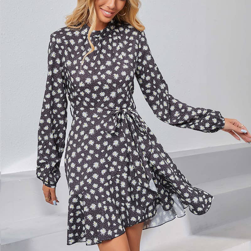 PEPLUM V-NECK LONG-SLEEVED MID-LENGTH DRESS