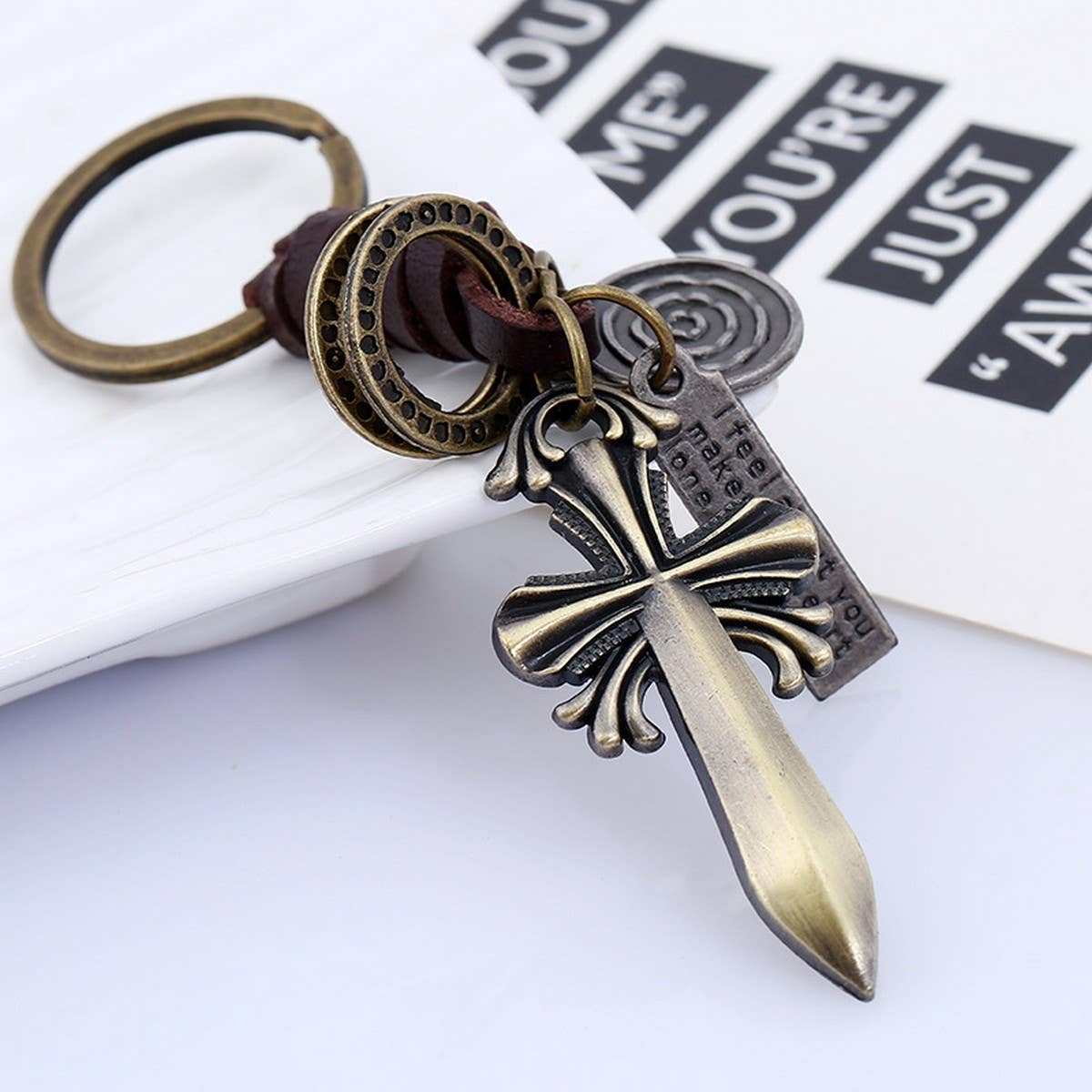 VINTAGE BRAIDED CROSS LEATHER KEYCHAIN