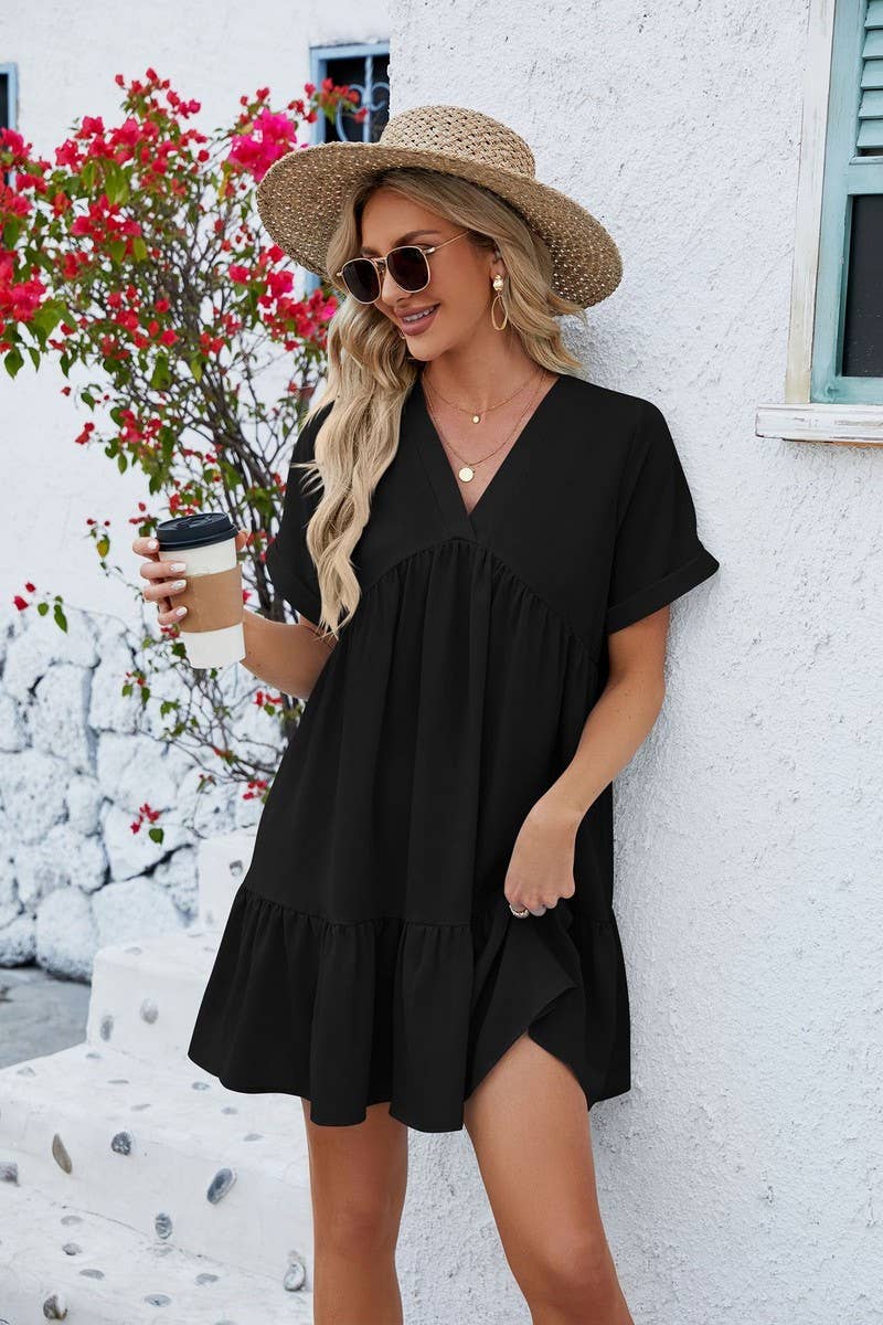 CWDSD3113_V Neck Tiered Short Sleeve Dress
