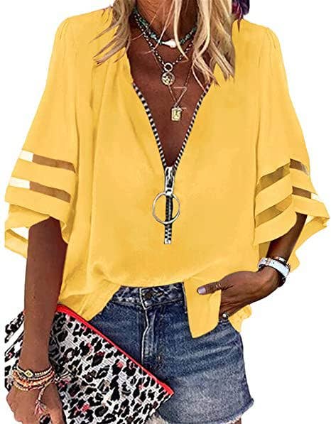 V-neck zipper half horn sleeve mesh loose shirt