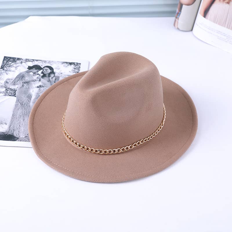 WOMEN CHAIN WIDE-BRIMMED FELT HAT FEDORA_CWAH0595