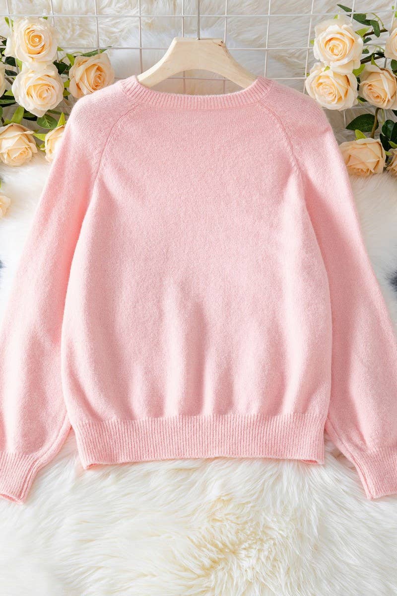 CWOSWL07425_SOLID RAGLAN SLEEVE BUTTONED KNIT SWEATER