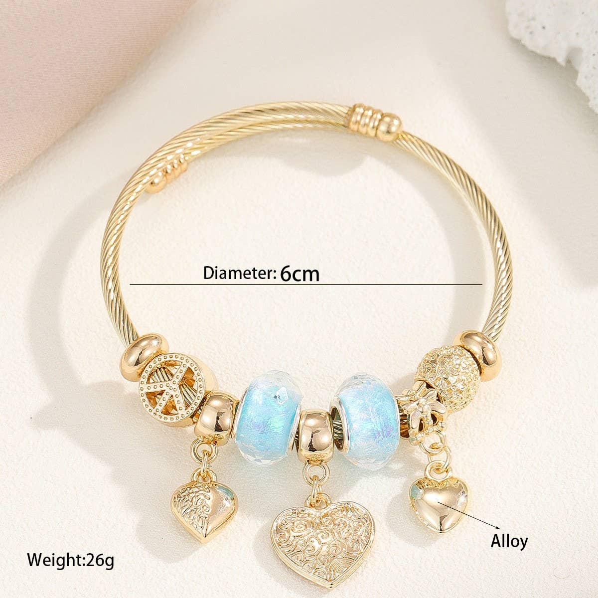Gold Steel Bracelet with Bear & Heart Charms