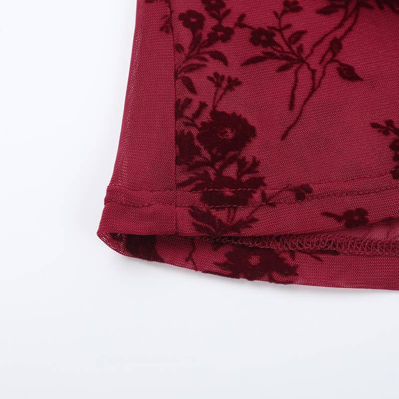 Sheer Mesh Vintage Print Sexy Top Short Sleeve