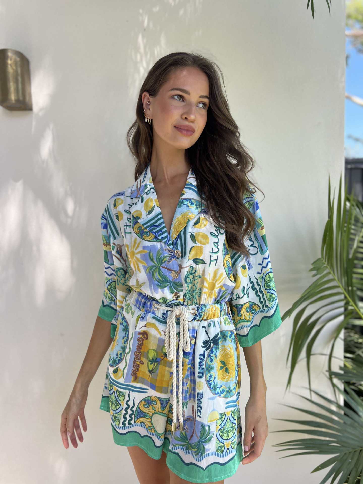 Holiday chic print casual lace-up romper