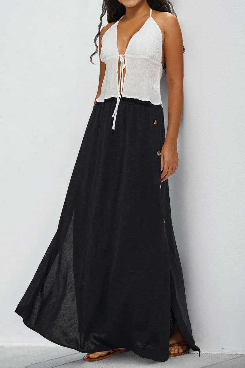 CWBLS0655_BUTTON FRONT POCKETED CASUAL MAXI SKIRT