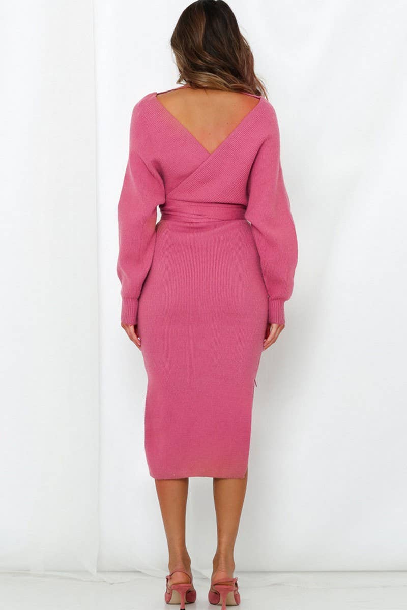 CWDMD4003_SOLID COLOR SLIM V-NECK LACE-UP KNITTED DRESS