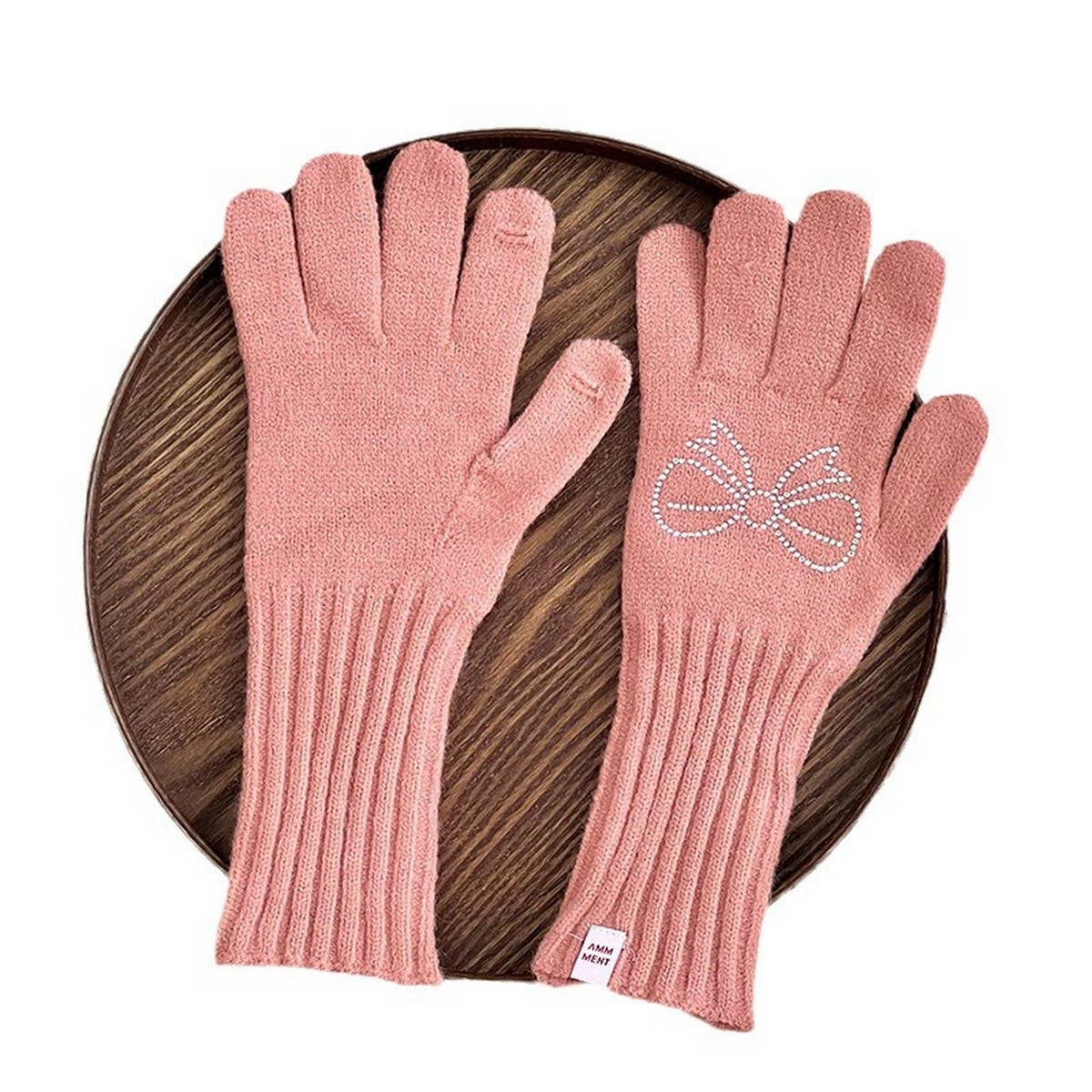 RHINESTONE BOW TOUCH SCREEN FIVE-FINGER GLOVES_CWAG0141