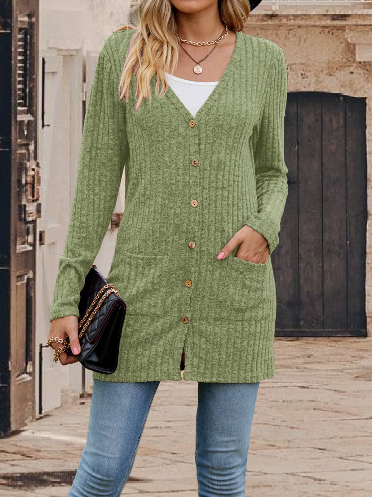 Single - buttoned V-neck pit strip cardigan