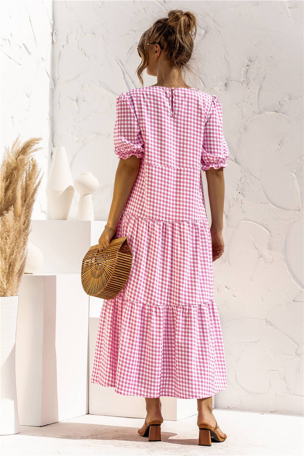 Puffed sleeve polka dot plaid patchwork dress