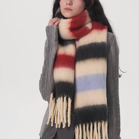 WOMEN CONTRASTING STRIPED FRINGED PLAID SCARF