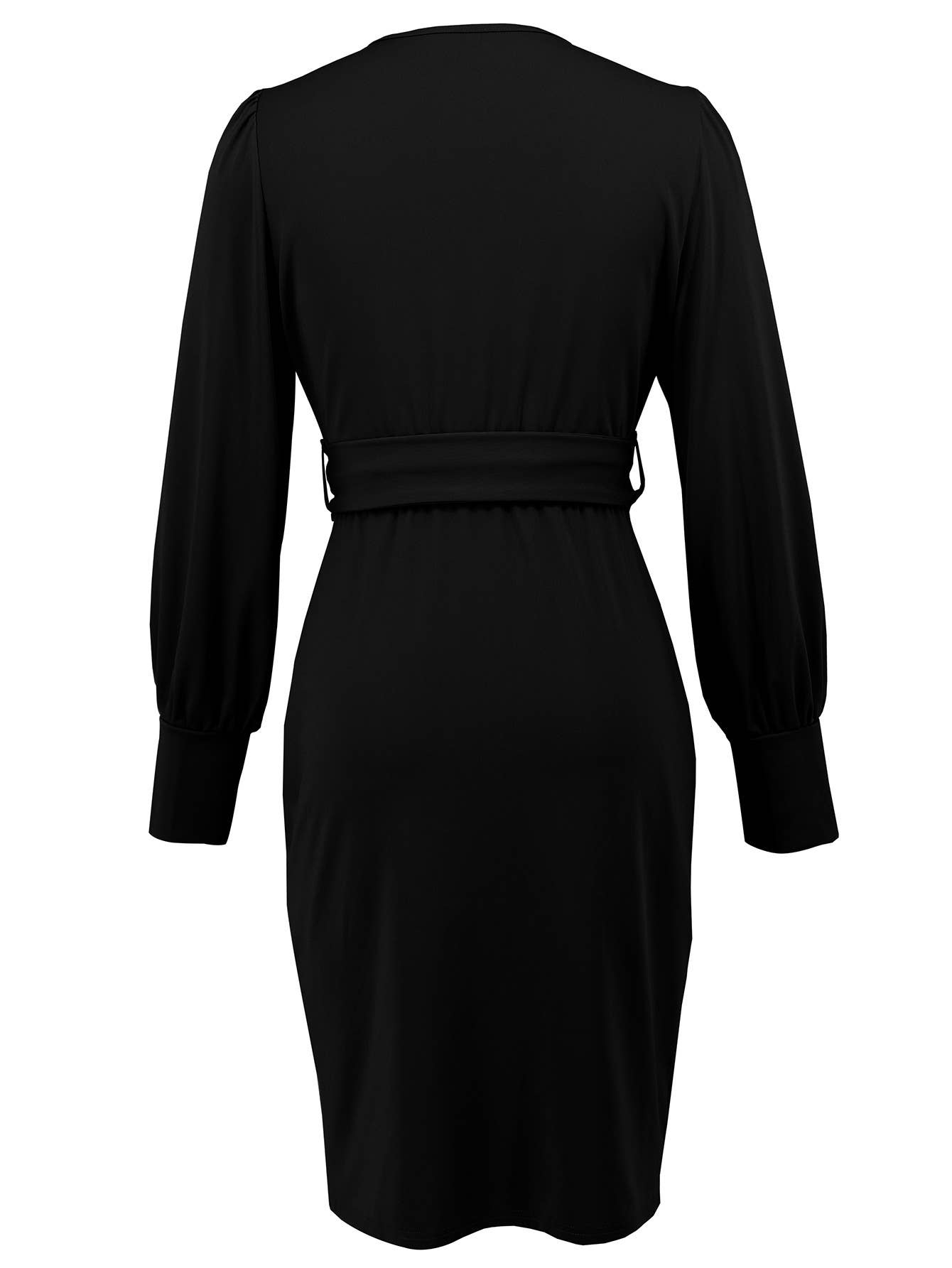 V-neck long-sleeved, belt-hugging knitted dress