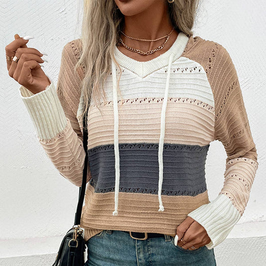 KNIT HOODED COLOR-MATCHING PULLOVER SWEATER