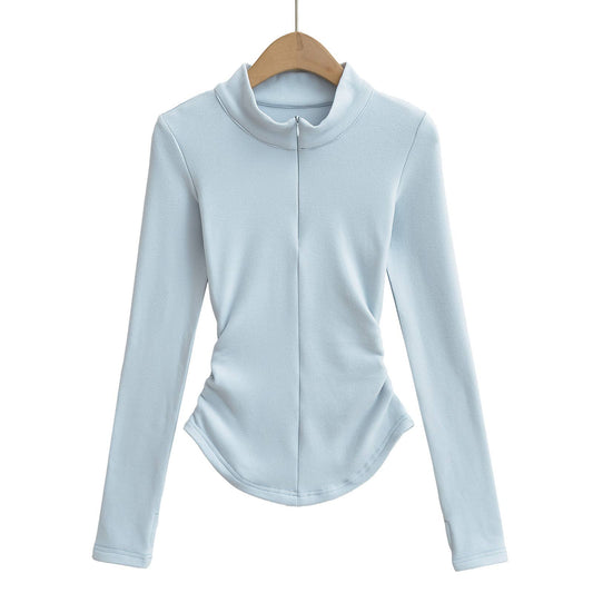 VELVET STAND COLLAR ZIPPER SOLID COLOR BASE SHIRT