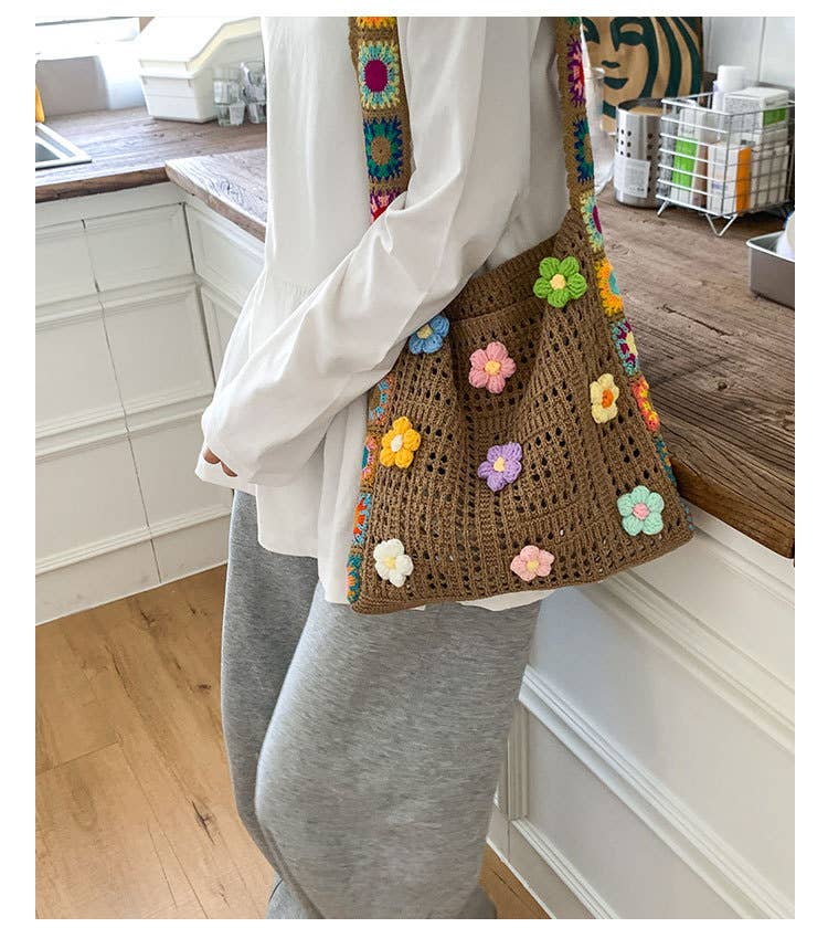 Ethnic-style artistic flower patchwork knit bag