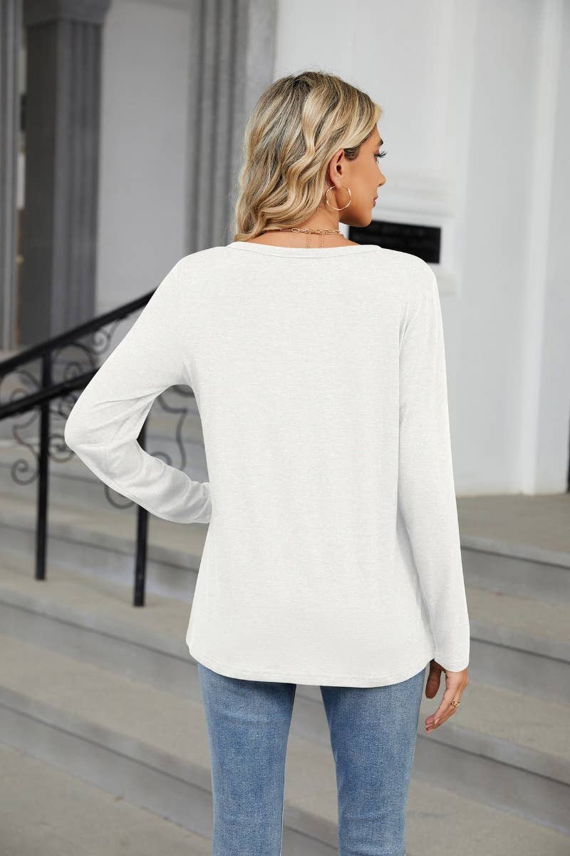 Cwtbll2861_Fall Solid Color V-Neck Long Sleeve Loose Top