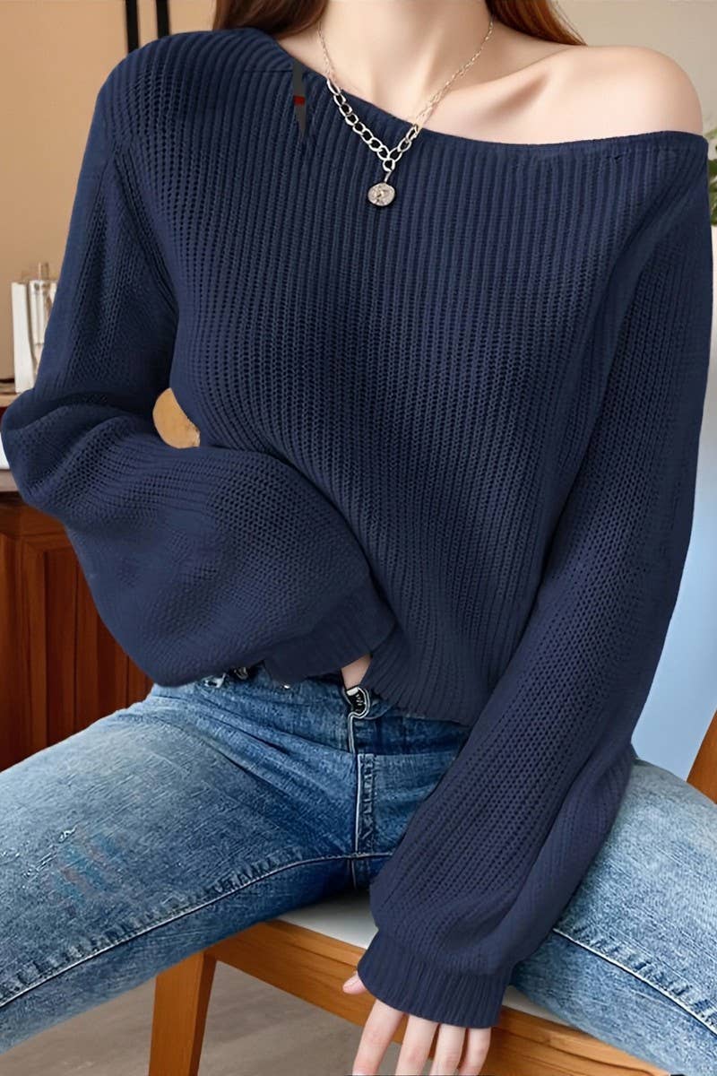 CWOSWL07624_SOLID OFF SHOULDER LOOSE KNIT PULLOVER