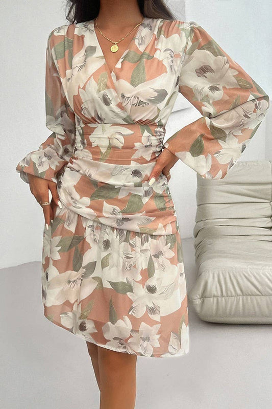 CWDSD6495_V-NECK PRINTED WAIST LONG-SLEEVED DRESS