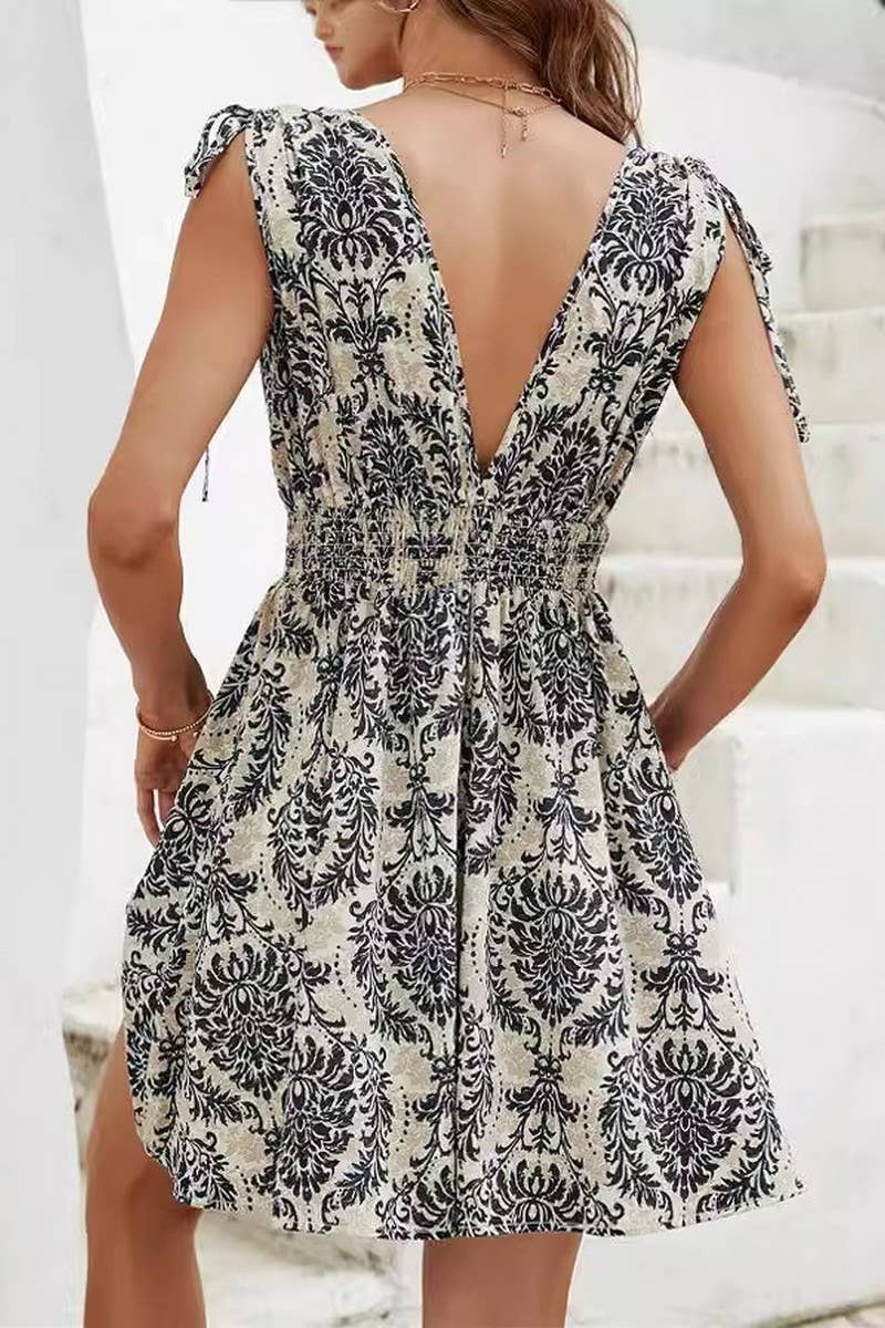 CWDSD5514_V-NECK PRINTED SLEEVELESS SHORT DRESS