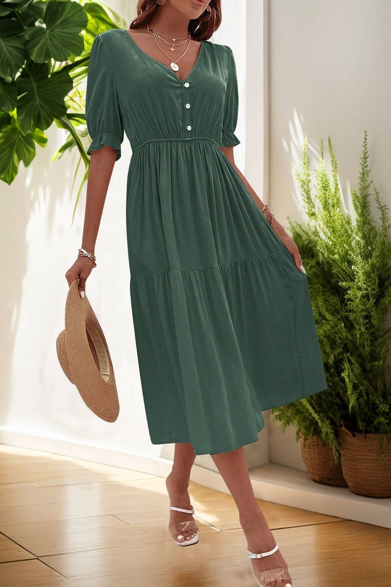 CWDMD5783_CASUAL RUCHED PUFF SLEEVE V-NECK SOLID DRESS