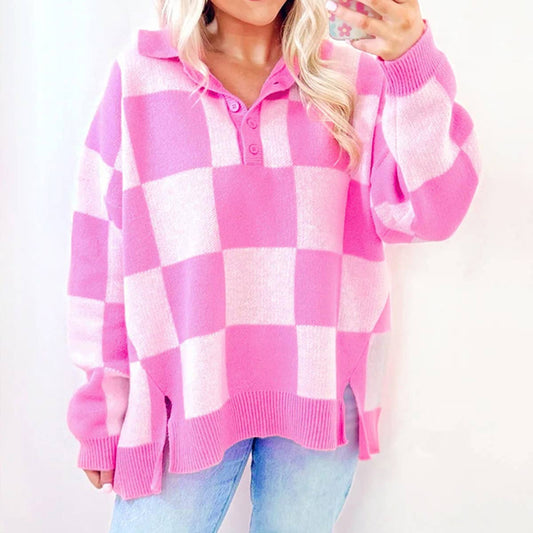 STYLISH LADY WITH LOOSE HALF-BUTTON-DOWN SWEATER