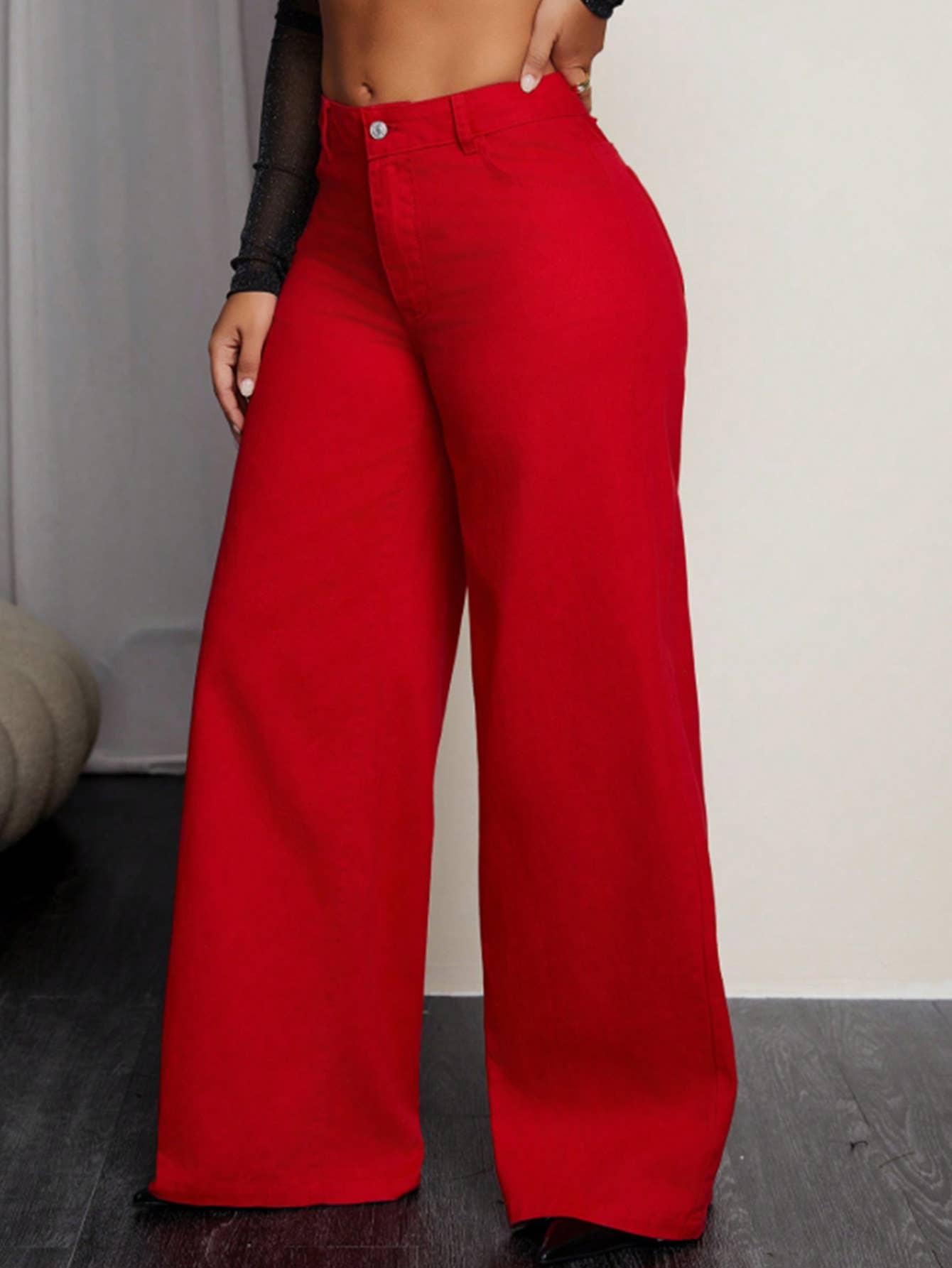 Solid color high-waisted loose denim trousers